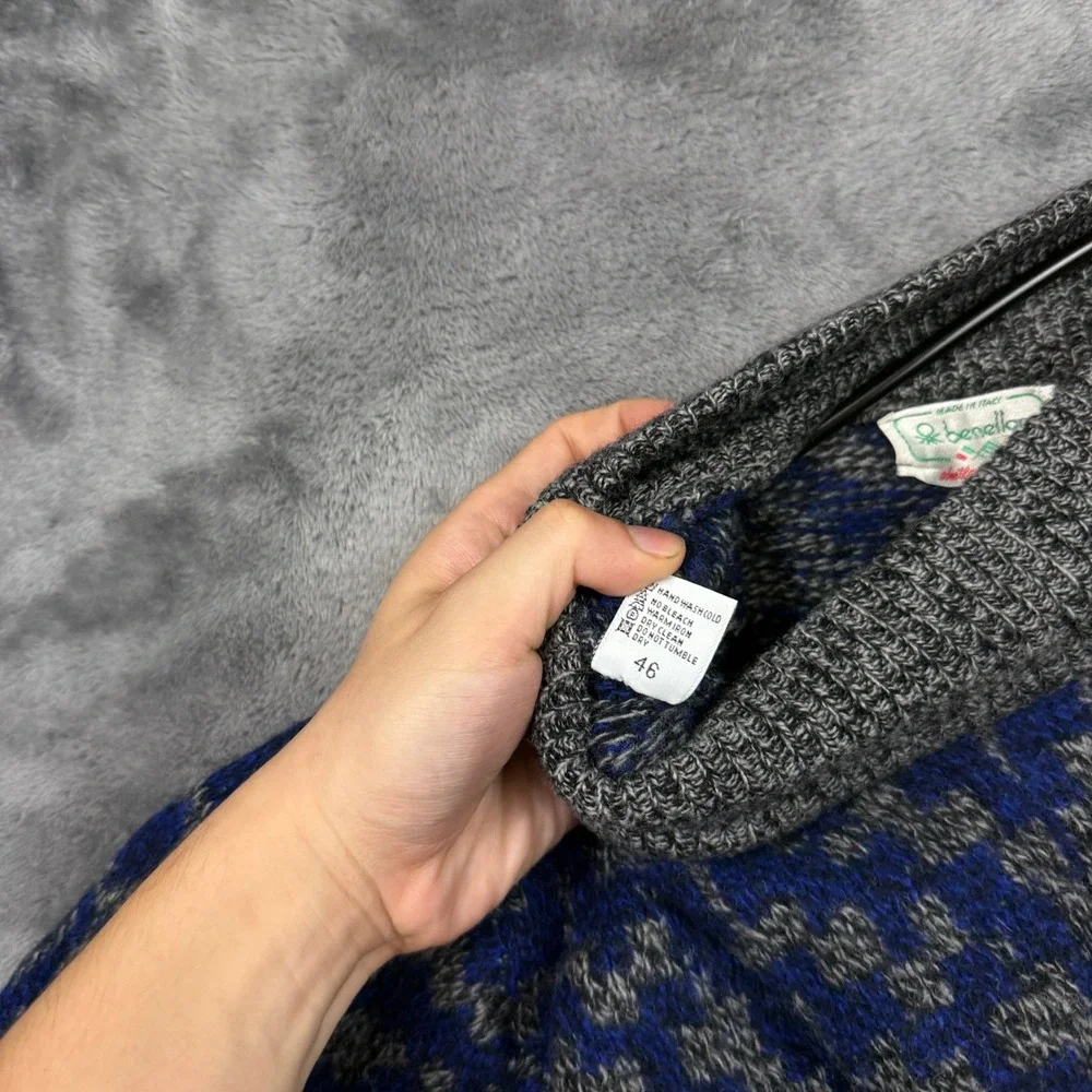 Benetton Sweater Mens 46 Blue Excellent Shetland Wool Geometric Mock Neck Italy